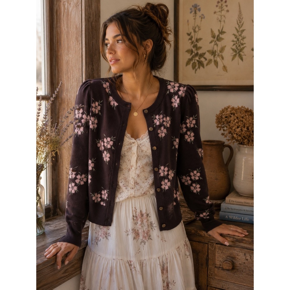 Forward Young Contemporary Brown Floral Puff Sleeve Button Cardigan Sweater M